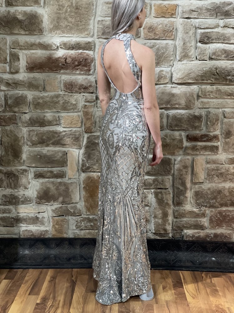 B Darlin Silver Sequin Halter Open Back Gown, Size 1/2