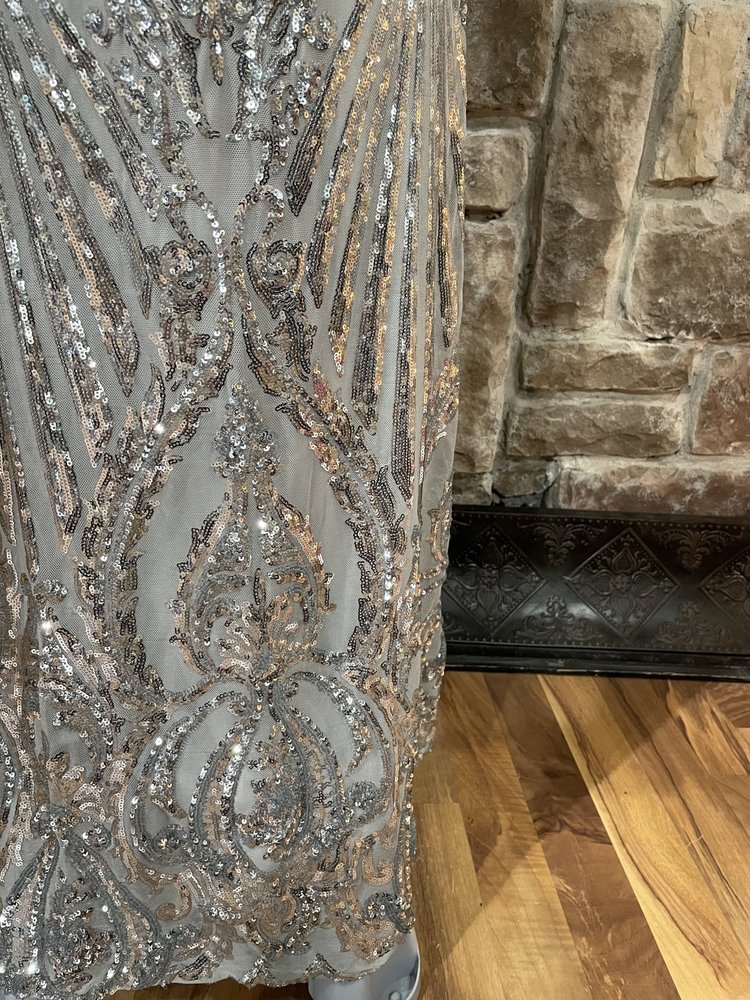 B Darlin Silver Sequin Halter Open Back Gown, Size 1/2