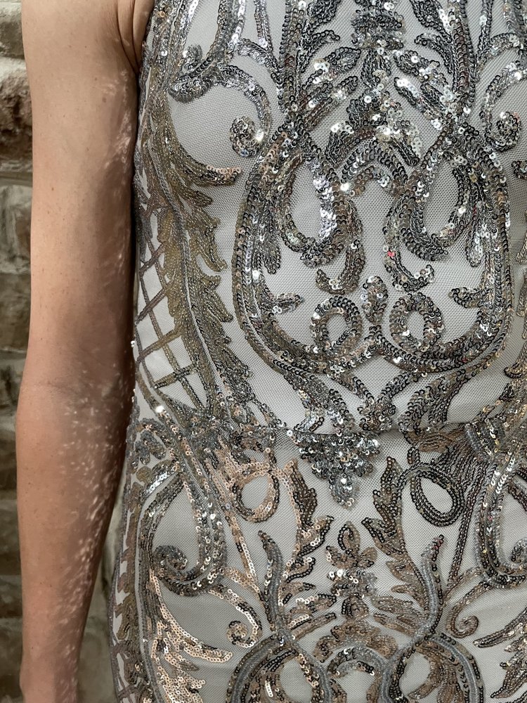 B Darlin Silver Sequin Halter Open Back Gown, Size 1/2