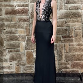 Jovani Black Crystal Embellished Deep V Mesh Gown, Size 00