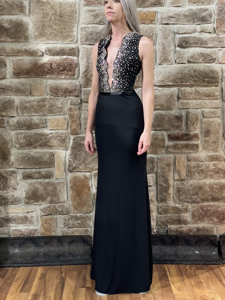 Jovani Black Crystal Embellished Deep V Mesh Gown, Size 00