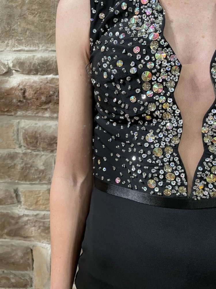 Jovani Black Crystal Embellished Deep V Mesh Gown, Size 00