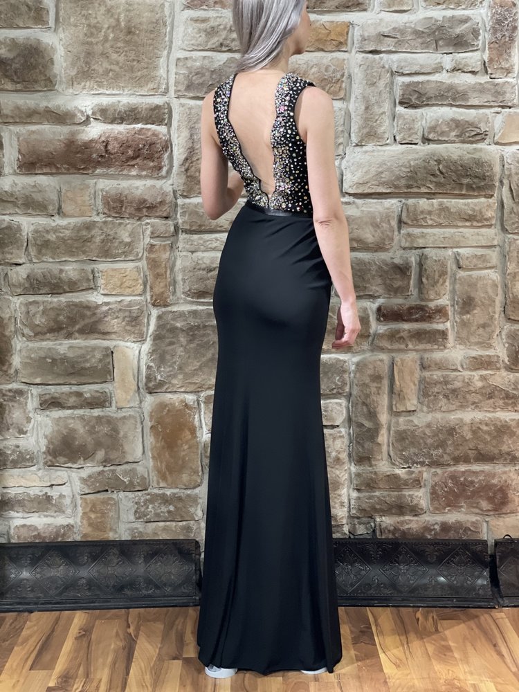 Jovani Black Crystal Embellished Deep V Mesh Gown, Size 00