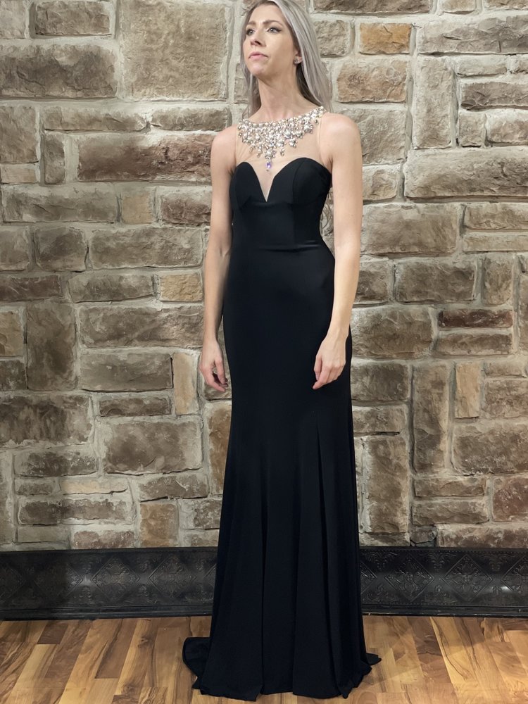 Jovani Black Pearl Embroidered Neck Mesh Gown, Size 00