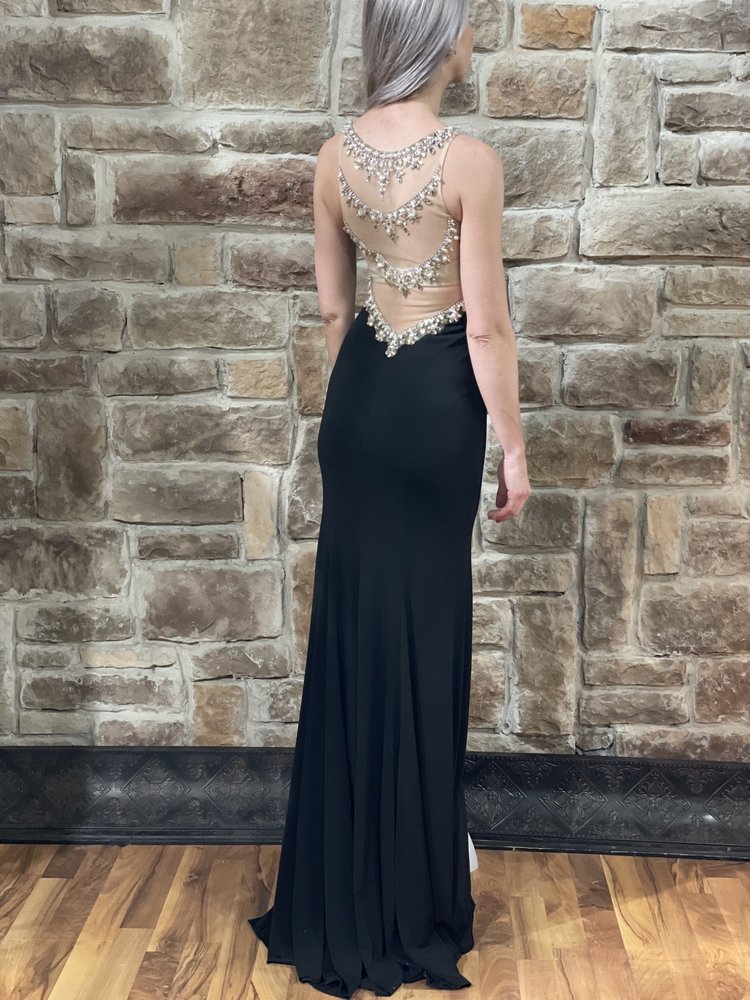 Jovani Black Pearl Embroidered Neck Mesh Gown, Size 00