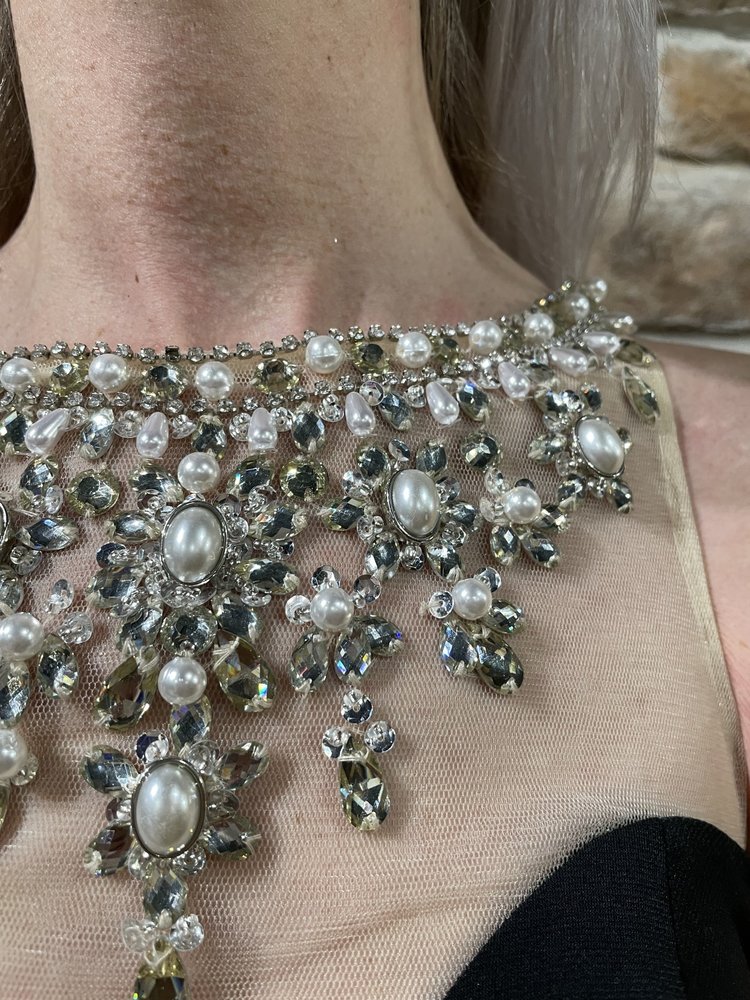 Jovani Black Pearl Embroidered Neck Mesh Gown, Size 00