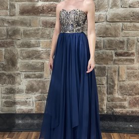 Milano Formals Beige and Navy Crystal Embellished Gown, Size 00