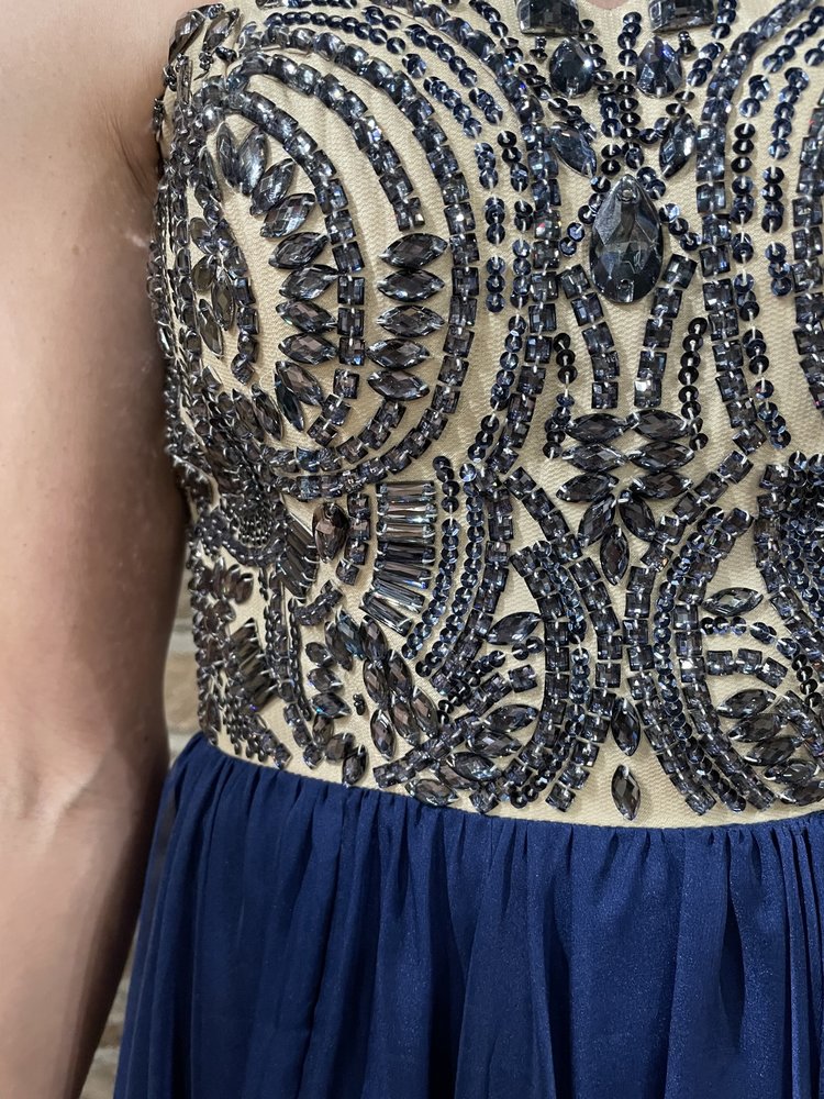 Milano Formals Beige and Navy Crystal Embellished Gown, Size 00