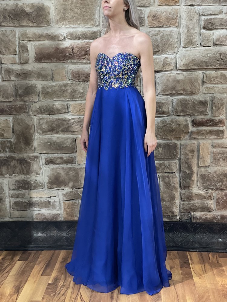 GiGi by La Femme Royal Blue Circle Embellished Strapless Gown, Size 0