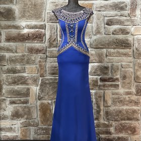 Tony Bowls Royal Blue Crystal Embroidered Mesh Inlay Gown, Size 2