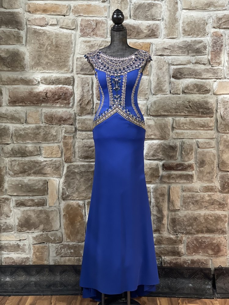 Tony Bowls Royal Blue Crystal Embroidered Mesh Inlay Gown, Size 2