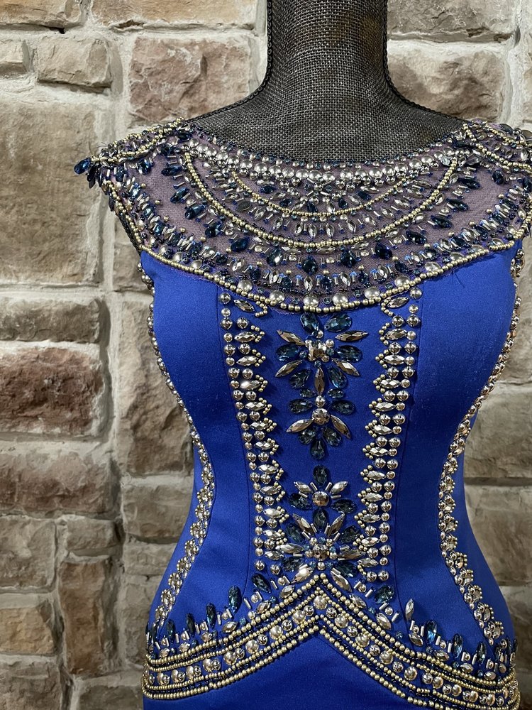 Tony Bowls Royal Blue Crystal Embroidered Mesh Inlay Gown, Size 2