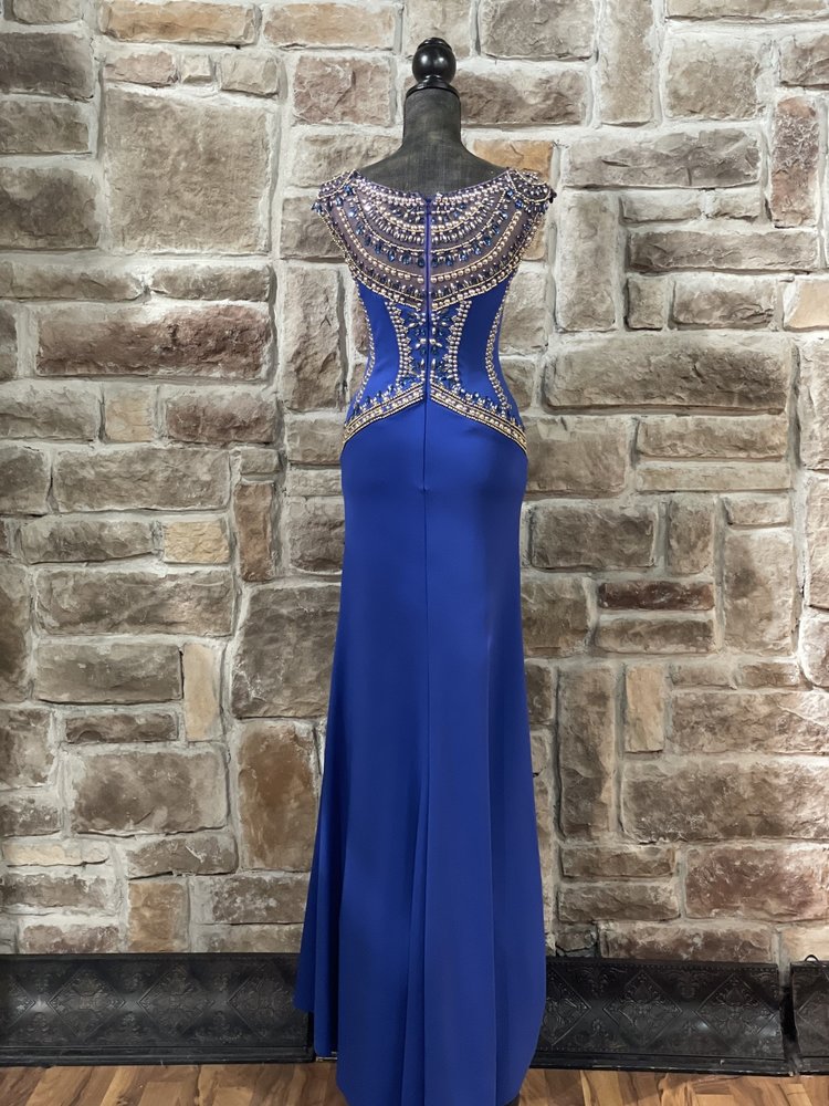 Tony Bowls Royal Blue Crystal Embroidered Mesh Inlay Gown, Size 2