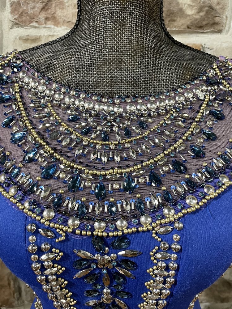 Tony Bowls Royal Blue Crystal Embroidered Mesh Inlay Gown, Size 2