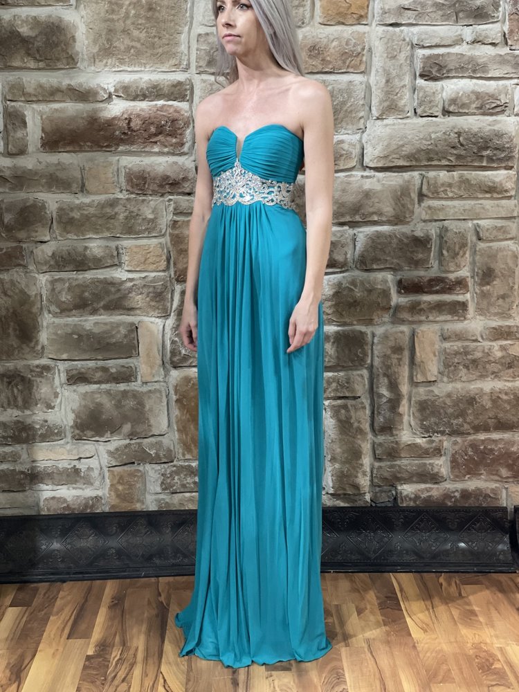 La Femme Teal Embroidered Waist Line Gown, Size 00