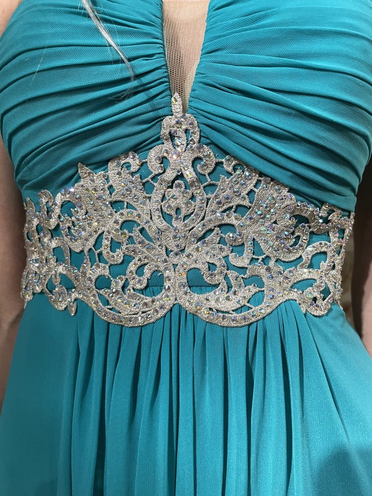 La Femme Teal Embroidered Waist Line Gown, Size 00