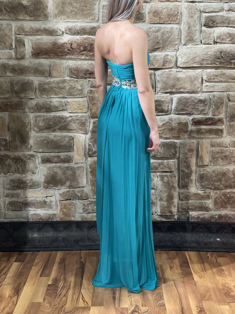 La Femme Teal Embroidered Waist Line Gown, Size 00