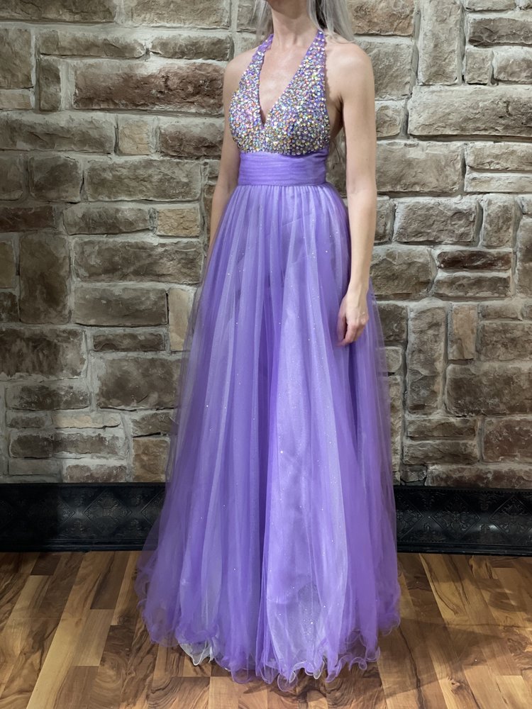 Tiffany Designs Purple Crystal Detail Halter Gown, Size 0