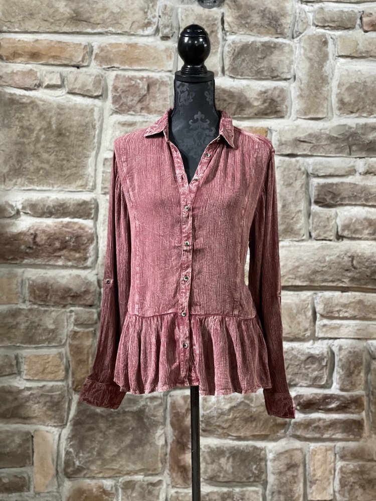 Talori Distressed Rose Gathered Hem Button Up