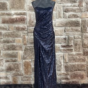 BLUSH Navy Sequin Strapless Ruched Gown, Size 12/14