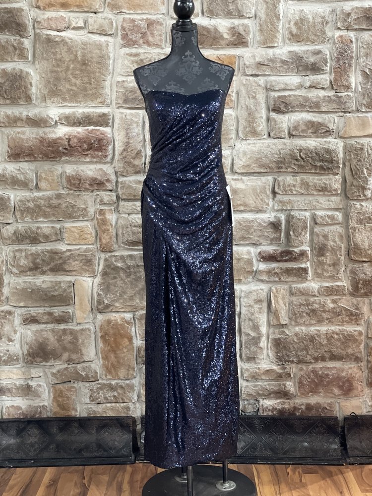 BLUSH Navy Sequin Strapless Ruched Gown, Size 12/14