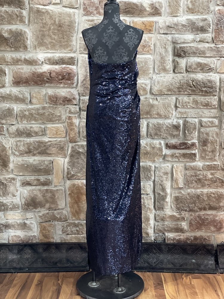 BLUSH Navy Sequin Strapless Ruched Gown, Size 12/14