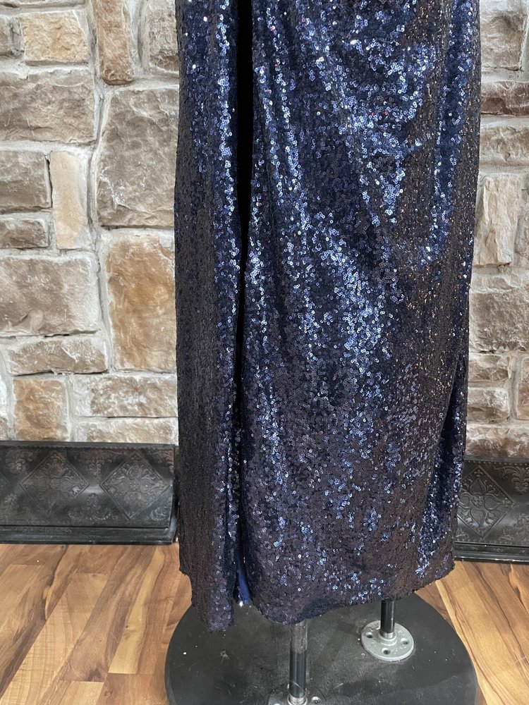 BLUSH Navy Sequin Strapless Ruched Gown, Size 12/14