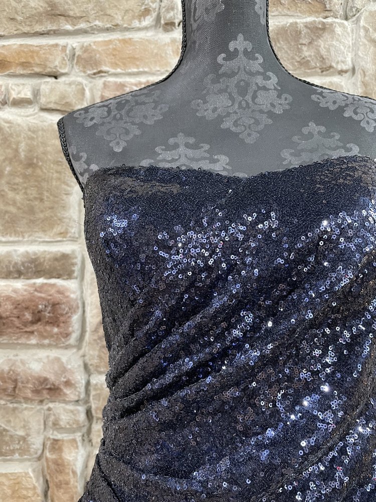 BLUSH Navy Sequin Strapless Ruched Gown, Size 12/14