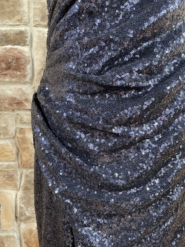 BLUSH Navy Sequin Strapless Ruched Gown, Size 12/14