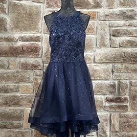 TLC Say Yes to the Prom Navy Glitter Lace Halter Tulle Layer Hi-Lo Dress, Size 14