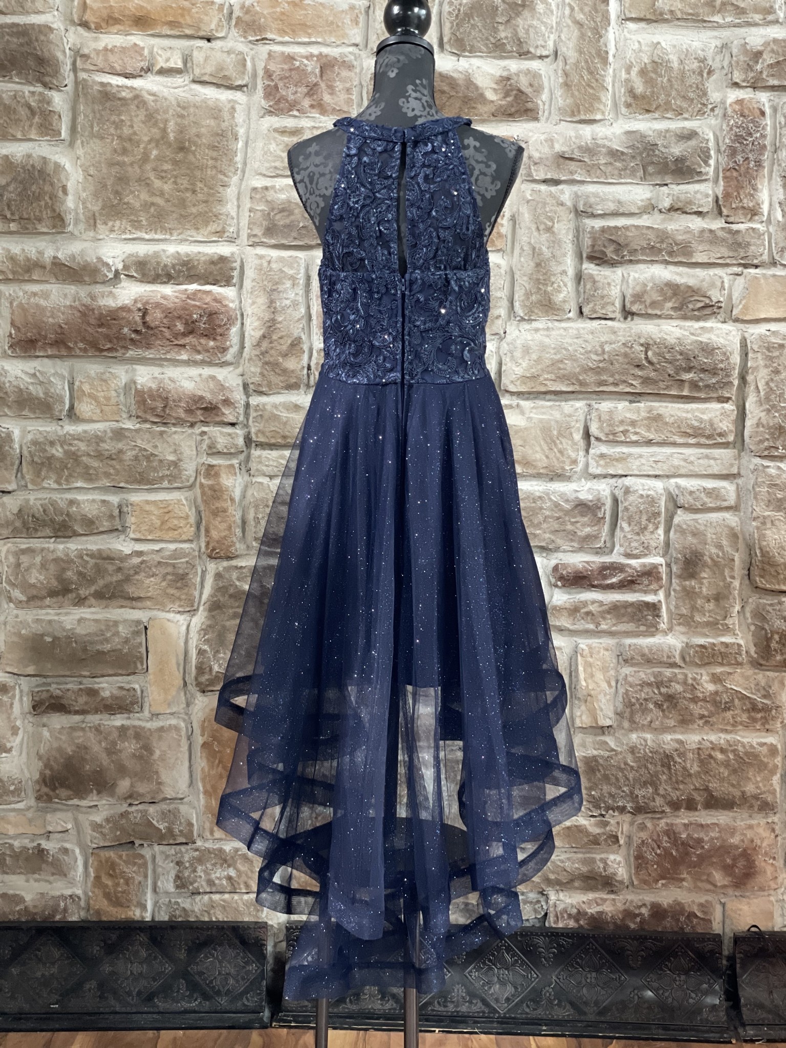 Navy Glitter Lace Halter Tulle Layer Hi-Lo Dress, Size 14