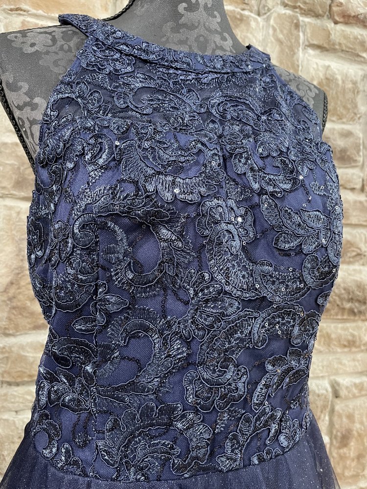 TLC Say Yes to the Prom Navy Glitter Lace Halter Tulle Layer Hi-Lo Dress, Size 14