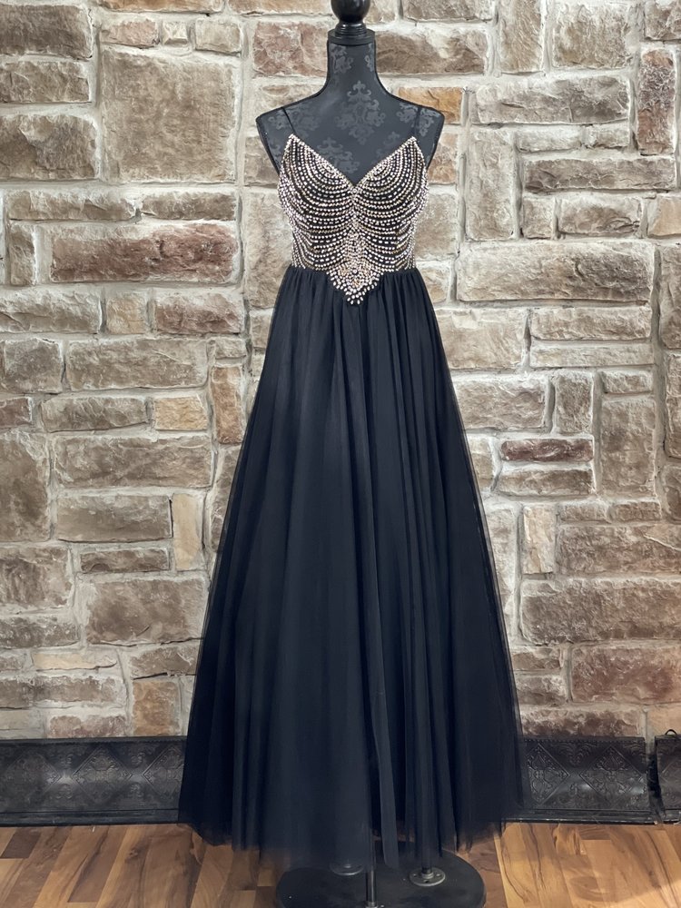 TLC Say Yes to the Prom Black and Gold Beaded Bodice Tulle Gown