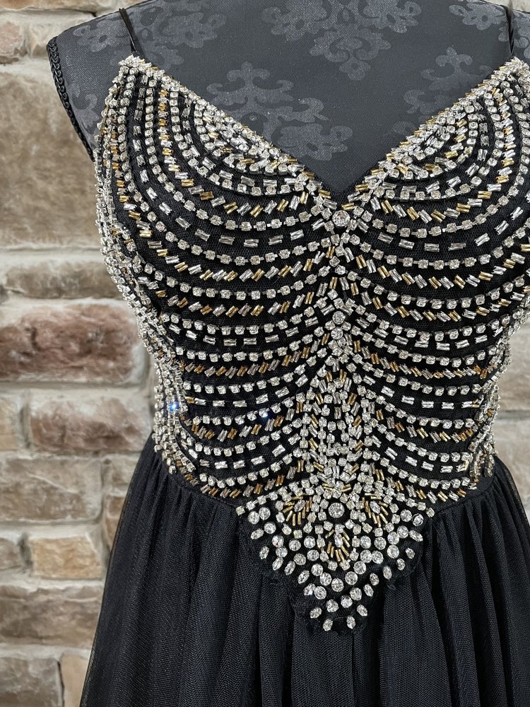 TLC Say Yes to the Prom Black and Gold Beaded Bodice Tulle Gown