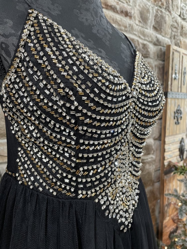 TLC Say Yes to the Prom Black and Gold Beaded Bodice Tulle Gown