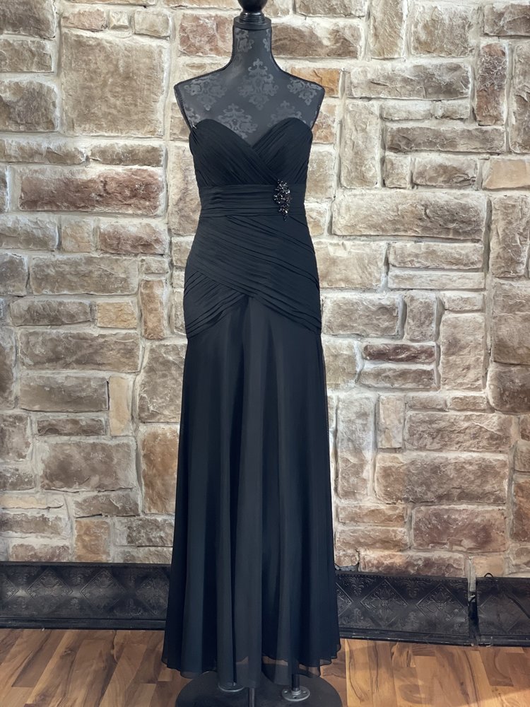 Serena London Black Ruched Strapless Brooch Gown, Size 6