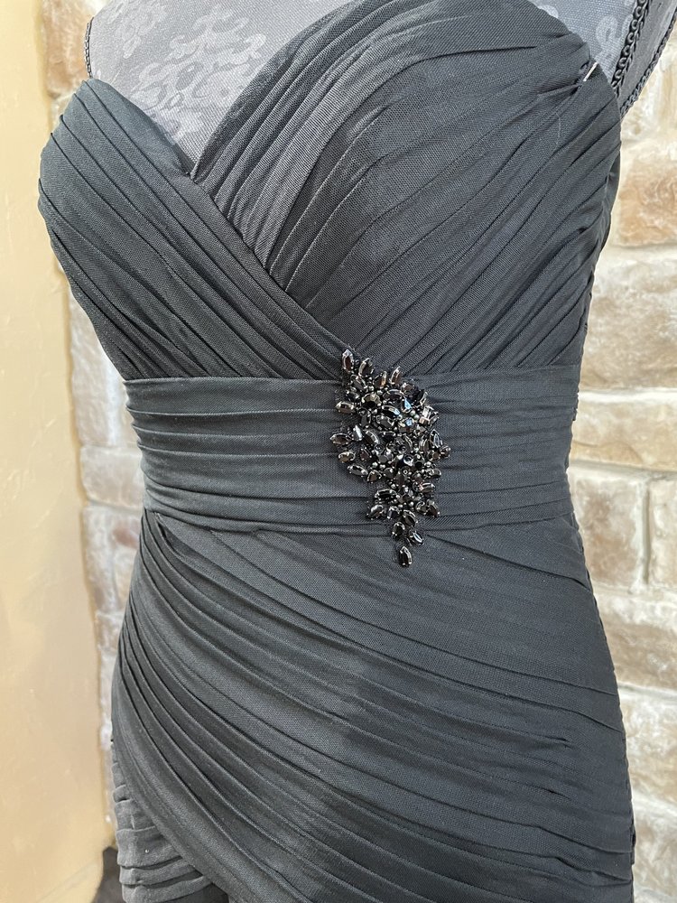 Serena London Black Ruched Strapless Brooch Gown, Size 6