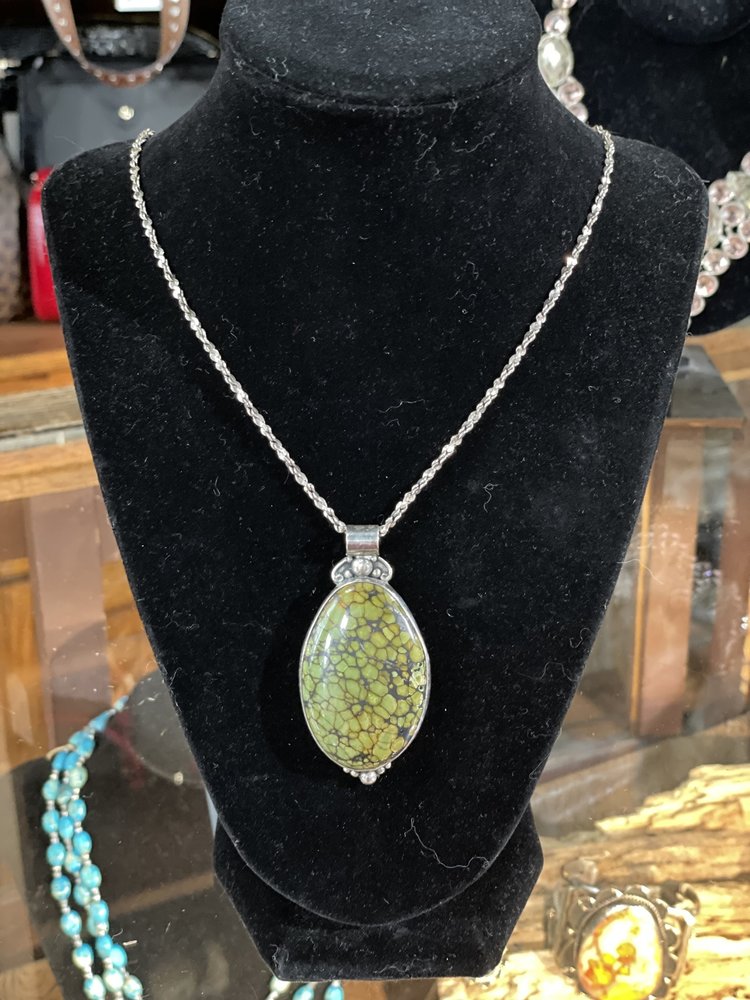 Sterling Silver Oval Green Turquoise Pendant Necklace