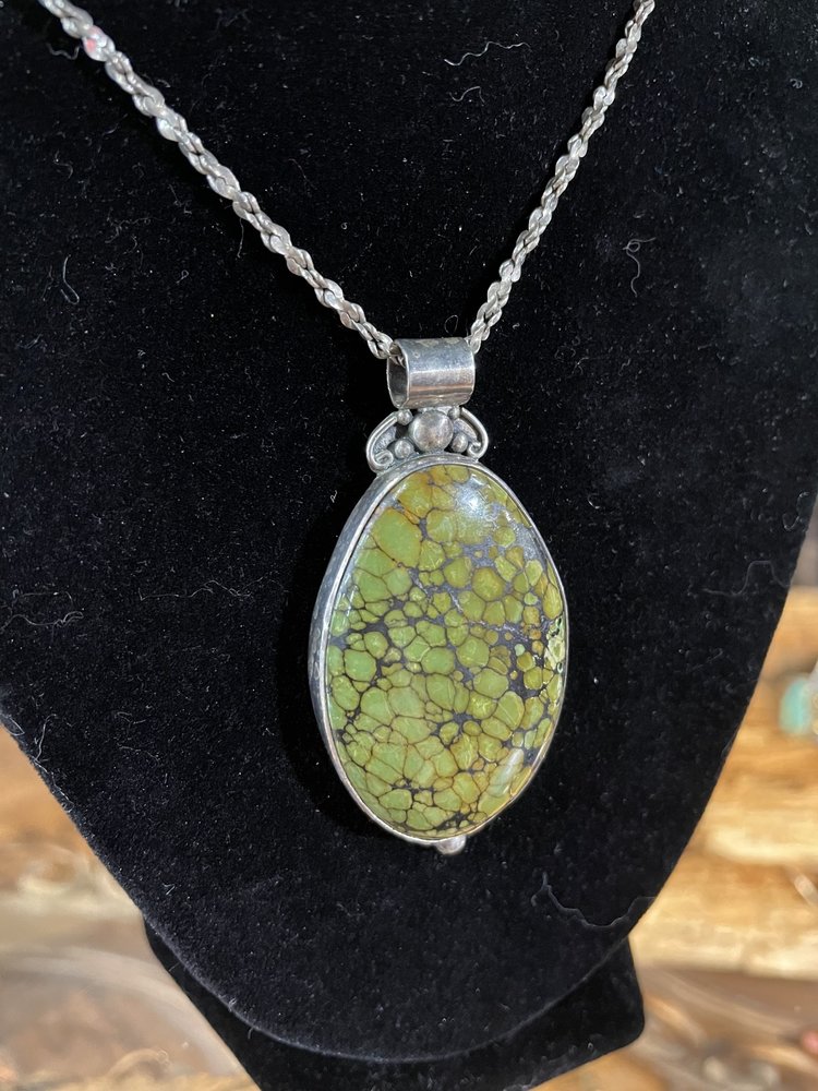 Sterling Silver Oval Green Turquoise Pendant Necklace