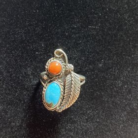 Genuine Silver with Blue and Red Turquoise Ring, Size 6