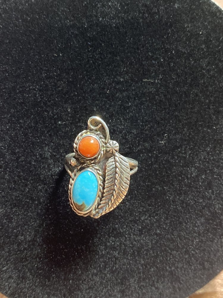 Genuine Silver with Blue and Red Turquoise Ring, Size 6