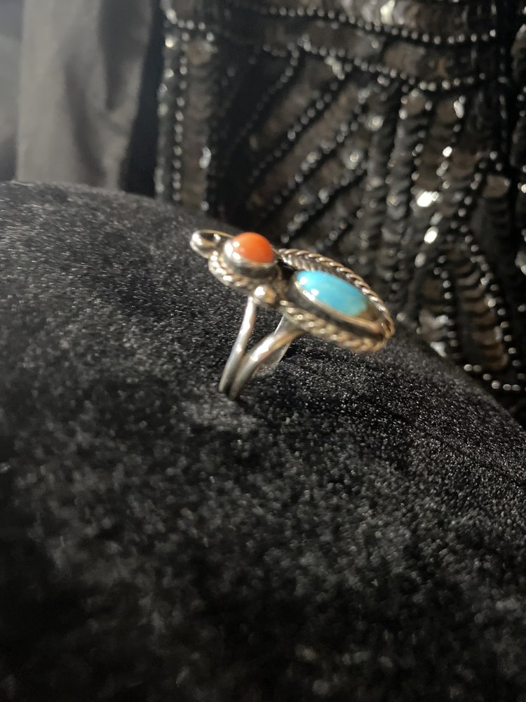 Genuine Silver with Blue and Red Turquoise Ring, Size 6