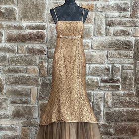 Blondie Nites Gold Lace Jeweled Belt Trumpet Gown, Size 7