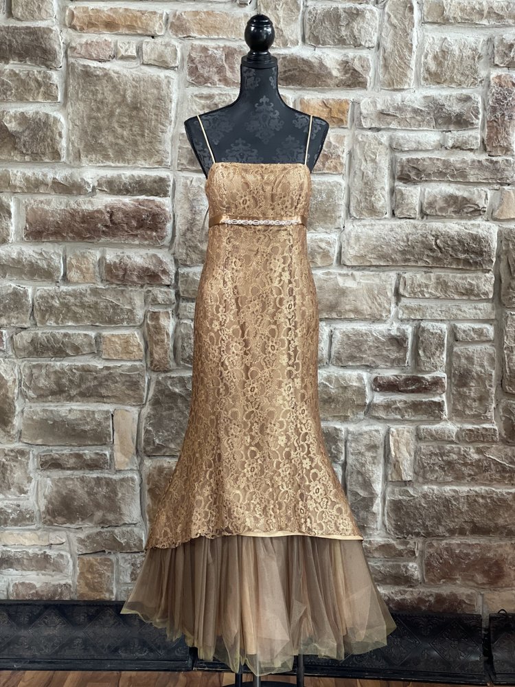 Blondie Nites Gold Lace Jeweled Belt Trumpet Gown, Size 7