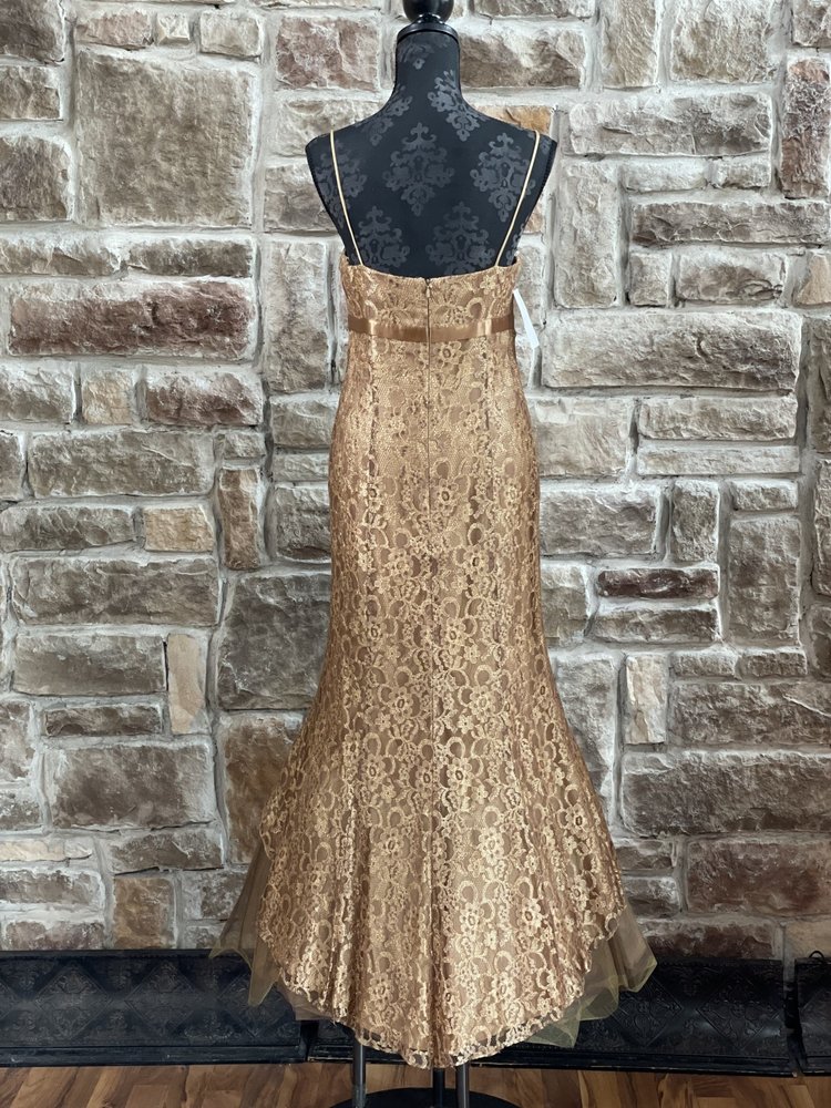 Blondie Nites Gold Lace Jeweled Belt Trumpet Gown, Size 7