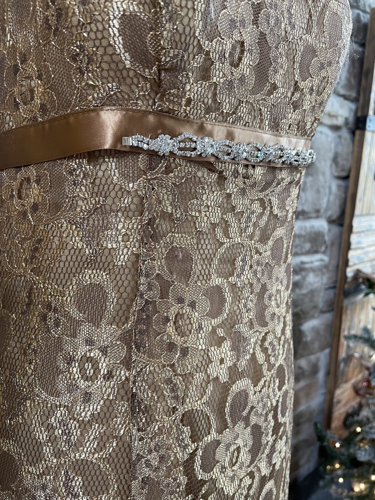 Blondie Nites Gold Lace Jeweled Belt Trumpet Gown, Size 7