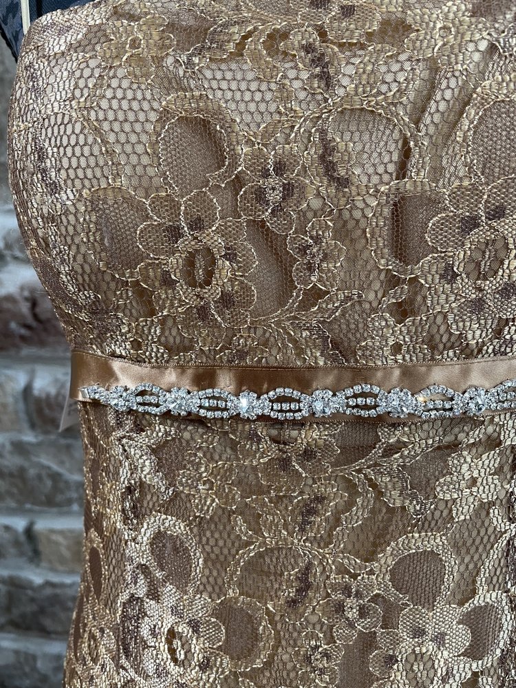 Blondie Nites Gold Lace Jeweled Belt Trumpet Gown, Size 7