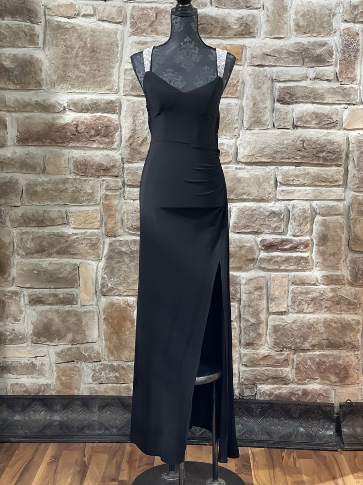 B Darlin Black Rhinestone Strap Cowl Back Gown