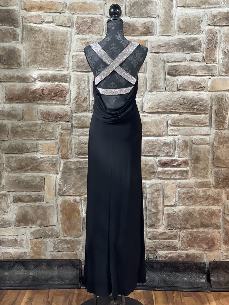 B Darlin Black Rhinestone Strap Cowl Back Gown