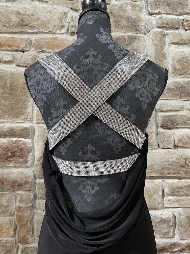 B Darlin Black Rhinestone Strap Cowl Back Gown